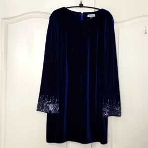 Calvin Klein Royal Blue Velvet Shift Dress with Embellished Cuffs